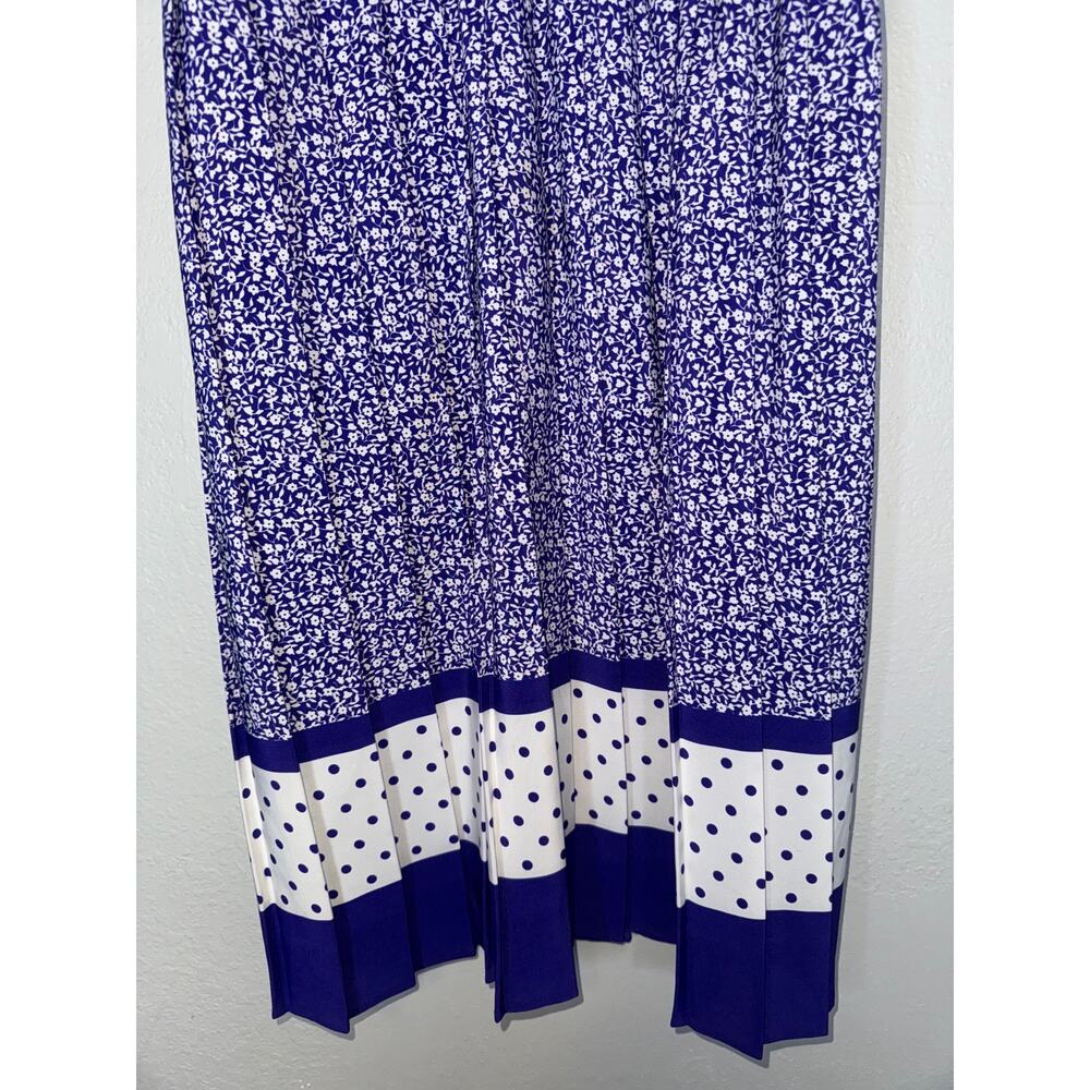 Vintage 80s Pleated Secretary Dress Sz 10 Midi Purple Floral Retro Short Sleeve - Picture 4 of 10